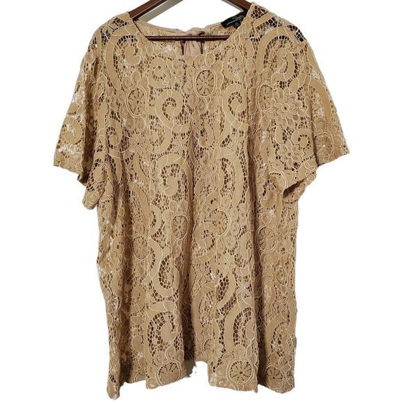Suzanne Betro Crochet Floral Top Size 3X Plus Peach Sheer Ribbon Back Womens - Picture 1 of 6